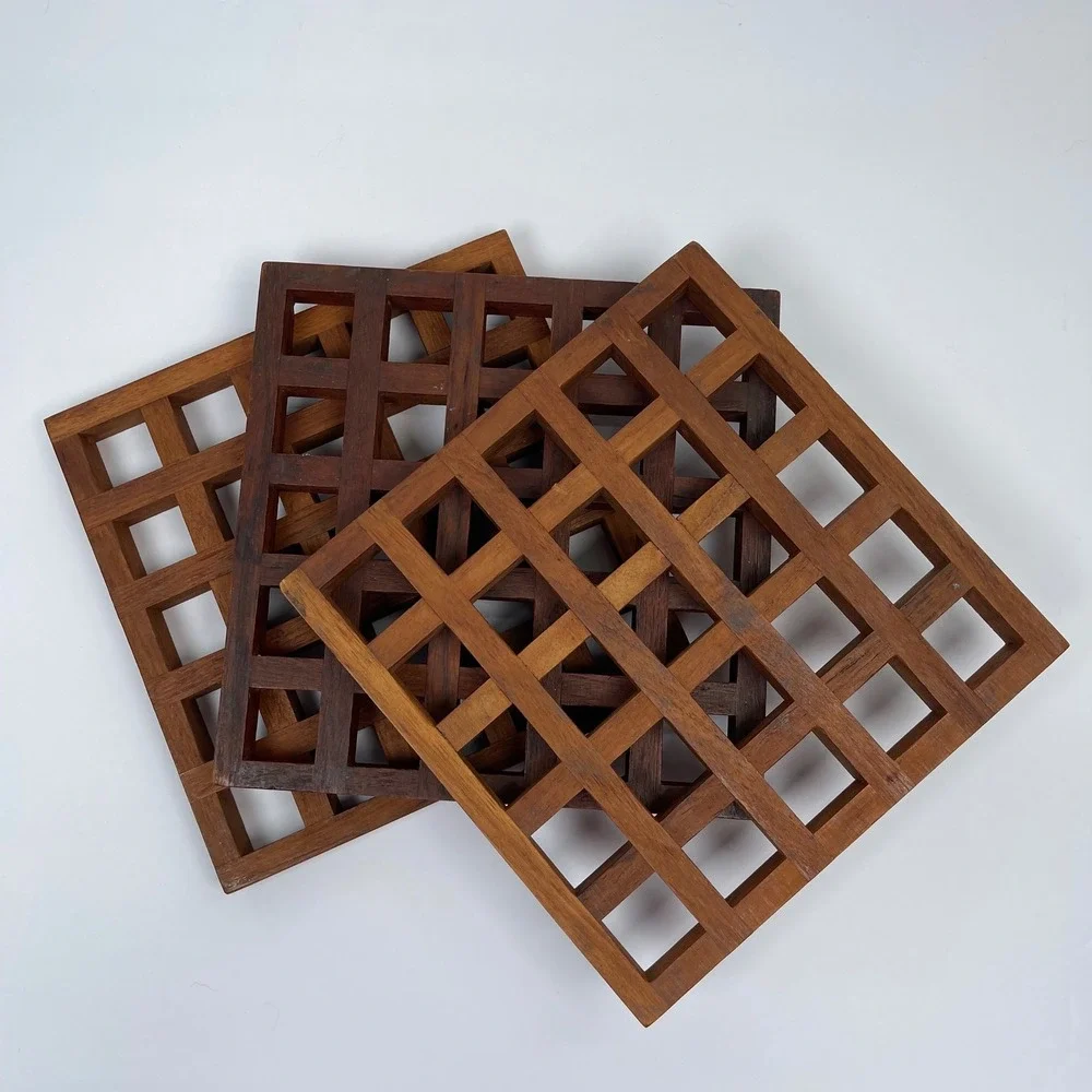 Vintage Dansk Teak Wood Lattice Trivet Set of 3 Brown Mid Century Modern 60s 70s